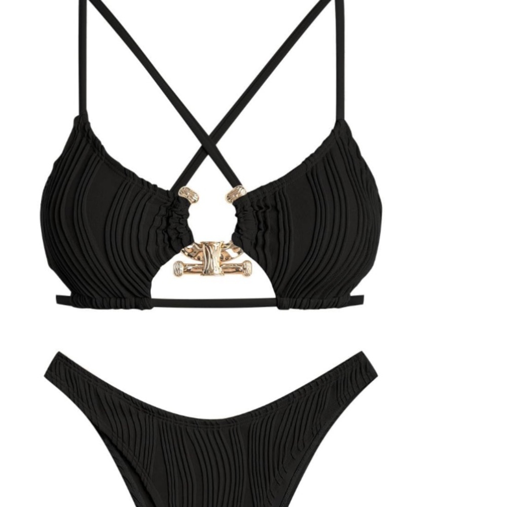 ZAFUL Women's Sexy Cutout Bikini Set High Cut Texture Metal Ring Cheeky Swimsuit